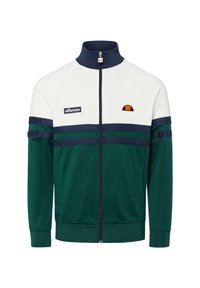 Zielono-biała kurtka na zamek wykonana z miękkiego materiału. Posiada wysoki kołnierz, granatowe paski oraz naszywane logo. Wyposażona w boczne kieszenie.