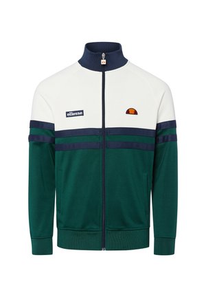 Grün-weiße Jacke mit Reißverschluss aus weichem Material. Verfügt über einen hohen Kragen, marineblaue Streifen und ein gesticktes Logo. Enthält seitliche Taschen.