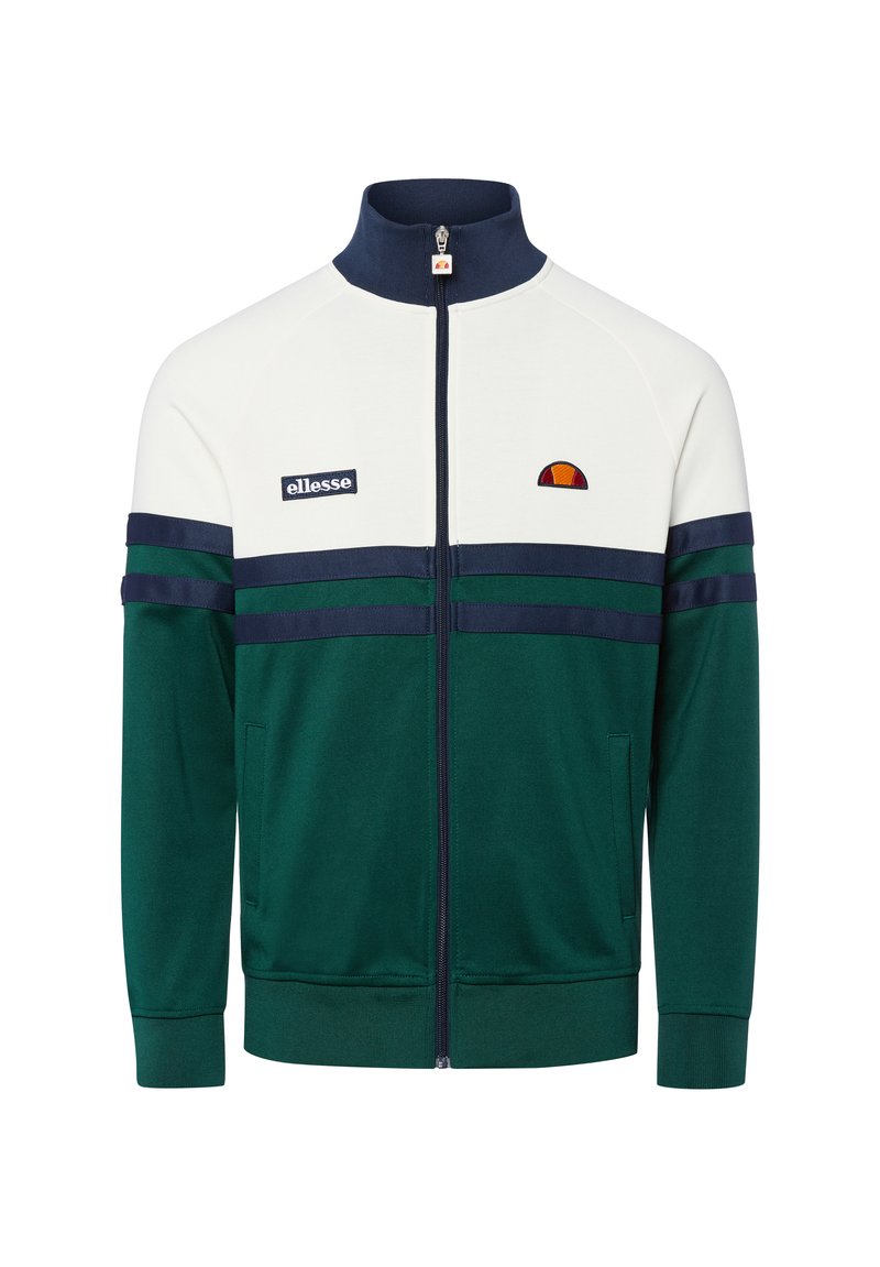 Zielono-biała kurtka na zamek wykonana z miękkiego materiału. Posiada wysoki kołnierz, granatowe paski oraz naszywane logo. Wyposażona w boczne kieszenie.