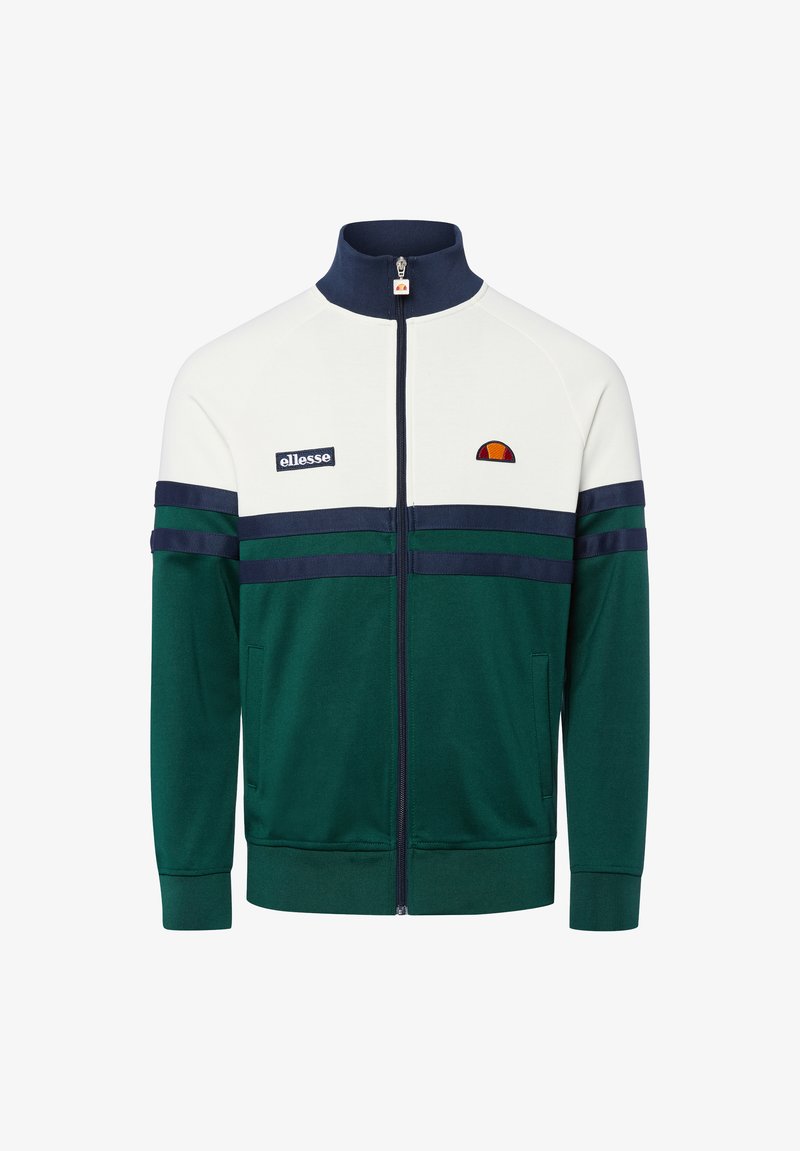 Zielono-biała kurtka na zamek wykonana z miękkiego materiału. Posiada wysoki kołnierz, granatowe paski oraz naszywane logo. Wyposażona w boczne kieszenie.