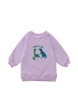 Fliederfarbenes Kinder-Sweatshirt mit grünen Dinosaurier-Grafiken und dem Text "Dino Club" auf der Vorderseite, ausgestattet mit gerippten Bündchen und Saum.