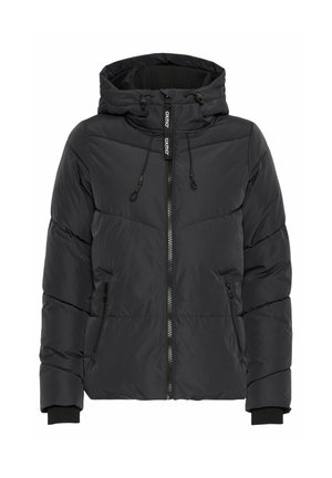 Chaqueta acolchada negra con capucha, cierre de cremallera y bolsillos laterales. Presenta puños elásticos y un forro de capucha texturizado. Diseñada para mantener el calor.