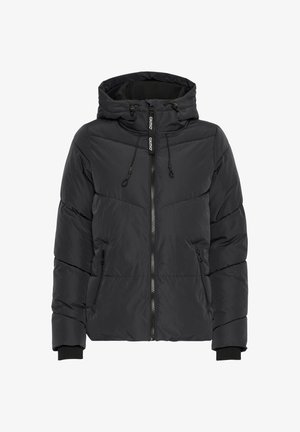 Veste rembourrée noire avec capuche, fermeture éclair et poches latérales. Dotée de poignets élastiques et d'une doublure de capuche texturée. Conçue pour la chaleur.