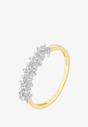 Gouden ring met zilverkleurige diamantencluster; heeft rondgeslepen stenen in een golvend ontwerp, gepolijste afwerking en gestructureerde accenten.