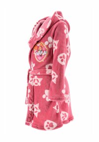 Pink children's bathrobe with white paw and flower patterns and a cartoon dog patch on the chest, featuring a hood and belt.