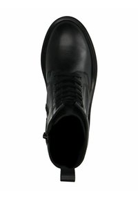 Bottine noire en cuir avec bout arrondi, fermeture lacée à l'avant, fermeture éclair sur le côté, et finition texturée.