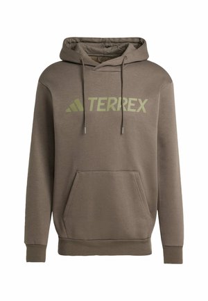 Brown hooded sweatshirt featuring a front kangaroo pocket and a large light green "TERREX" logo across the chest. Soft fabric texture.