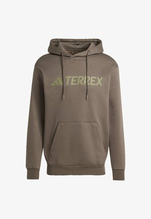 Brown hooded sweatshirt featuring a front kangaroo pocket and a large light green "TERREX" logo across the chest. Soft fabric texture.