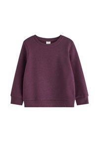 Lila Sweatshirt mit Rundhalsausschnitt, langen Ärmeln und gerippten Bündchen sowie Saum. Der Stoff erscheint weich und strukturiert, ohne sichtbare Muster.