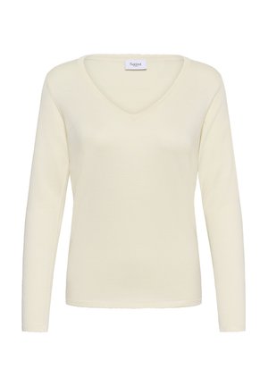 Kreemikas pikkade varrukatega V-kaelusega kampsun, valmistatud pehmest kudumismaterjalist, millel on sile tekstuur ja laineline serv. Kaelusel on silt.