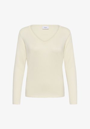 Kreemikas pikkade varrukatega V-kaelusega kampsun, valmistatud pehmest kudumismaterjalist, millel on sile tekstuur ja laineline serv. Kaelusel on silt.