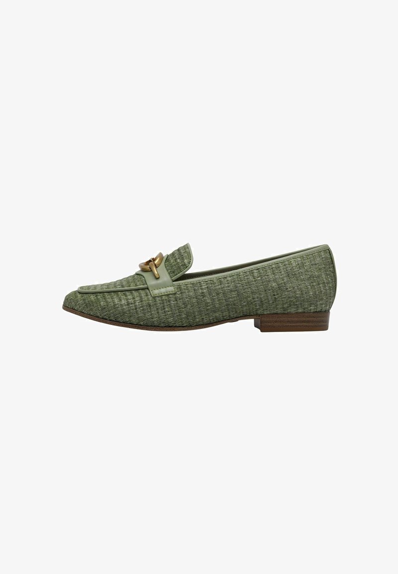 Green woven fabric loafer with a gold accent buckle. Low brown heel, rounded toe, and smooth detailing around the edges.
