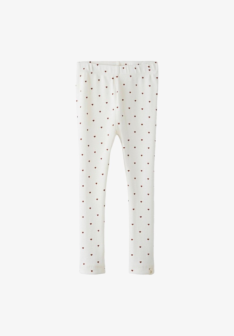 Leggings blancs côtelés avec petits motifs rouges en forme de cœur éparpillés, taille élastique et coupe ajustée pour enfants.