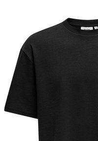 Zwarte katoenen T-shirt met ronde hals, korte mouwen en een gladde textuur. Heeft een minimalistisch ontwerp, zonder zichtbare patronen of accenten.