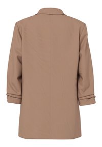 Vue de dos d'un blazer beige avec un col et des manches trois-quarts retroussées.