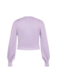 Maglione corto lilla con maniche lunghe e puff per un effetto voluminoso, orlo a coste. Tessuto morbido e scollo rotondo semplice, senza ulteriori fantasie.