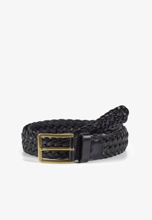 Schwarzer geflochtener Ledergurt mit einer Messingschnalle, ausgestattet mit einem strukturierten Design und sauberen Kanten, das detaillierte Verflechtungsmuster zeigt.