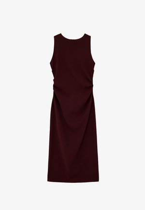 Sleeveless, knee-length dark burgundy dress with a round neckline and gathered side details on a white background.