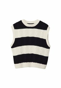 Gilet en tricot avec un col rond, présentant des rayures horizontales alternées bleu marine et crème, des motifs en relief en forme de câble, et des bords côtelés.