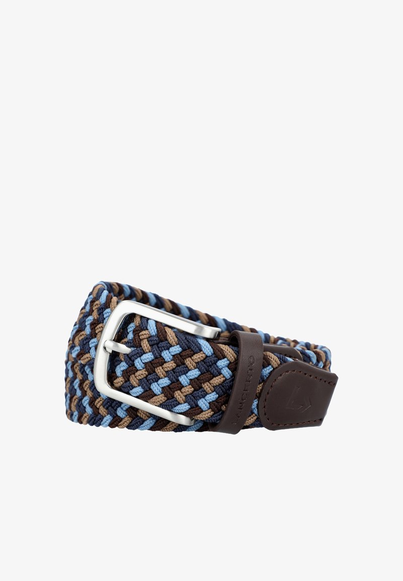 Woven fabricowy pasek w odcieniach niebieskiego, brązowego i beżowego z metalową sprzączką w kolorze srebrnym oraz brązowym skórzanym akcentem z logo.