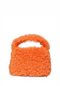 Borsa a tracolla arancione e fluffy con un esterno testurizzato e morbido, dotata di un manico rotondo, caratterizzata da una forma rettangolare e materiale simile alla lana.