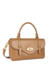 Borsa a mano in pelle color cuoio con un design strutturato, hardware dorato, chiusura ovale e due opzioni di trasporto: manico superiore e tracolla regolabile.