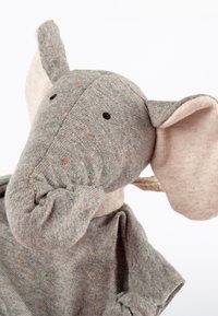 Elephant toy with a gray, speckled fabric body, large floppy ears, and a stitched face. Features a knotted neck with textured fabric.