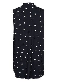 Marineblaues ärmelloses Kleid mit weißen Punkten, das über einen Kragen und einen lockeren Schnitt verfügt. Der Stoff wirkt glatt mit einer leichten Textur.
