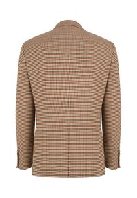 Brązowa marynarka w kratę z wzorem houndstooth, charakteryzująca się dopasowanym krojem, klapami oraz dwoma guzikami na mankietach.