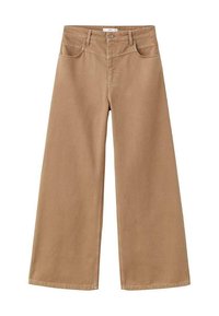 Lange broek met wijde pijpen van lichtbruine katoenstof, met een hoge taille, voorzakken en een knoopsluiting. Glad textuur en strakke lijnen.