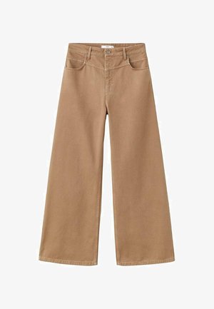 Pantaloni a gamba larga in cotone marrone chiaro, caratterizzati da un alto punto vita, tasche frontali e una chiusura con bottone. Texture liscia e linee pulite.