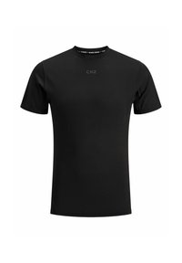 Schwarzes sportliches T-Shirt aus glattem, leichtem Material. Mit Rundhalsausschnitt, kurzen Ärmeln und einem kleinen "CNZ"-Logo auf der Brust.