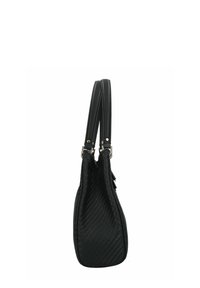 Borsa a tracolla nera intrecciata con due manici in pelle testurizzata e hardware argentato. Presenta una forma strutturata ed bordi lisci.