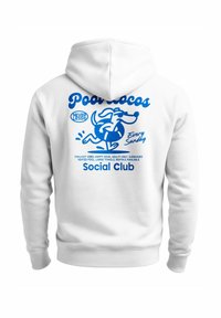 Weißer Hoodie mit blauem Grafikdesign auf der Rückseite. Das Design zeigt einen Hund mit einem Schwimmreifen, Text in fetter Typografie und Vereinsdetails.