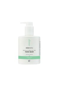 Weiße Plastikflasche mit Pumpspender, beschriftet mit "Green People Manuka & Lemon Tea Tree Hand Wash", mit grünen Akzenten und Text.