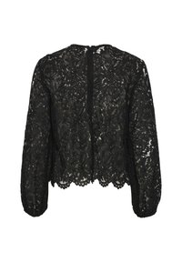 Bolero in pizzo nero con maniche lunghe, motivo floreale, orlo a scallop e chiusura a occhiello sul retro. Tessuto testurizzato e semi-trasparente.