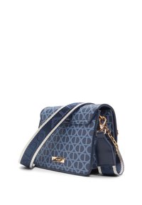 Blue crossbody bag with a circular pattern, gold hardware, and a textured strap featuring a contrasting woven design.