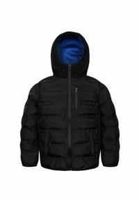 Black padded jacket with a zip front, hood, and blue mesh lining. Features side pockets and a chest pocket, made from smooth, insulated material.
