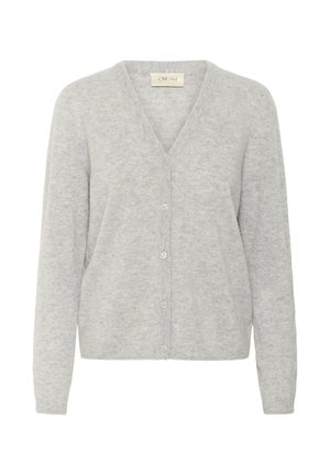 Cardigan gris en tissu doux, avec un col en V, des manches longues, un devant à boutons et des poignets et un ourlet côtelés. Texture lisse avec un motif subtil.