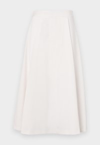A knee-length, white A-line skirt made from smooth fabric, featuring a flat waistband and subtle pleats for added shape and movement.