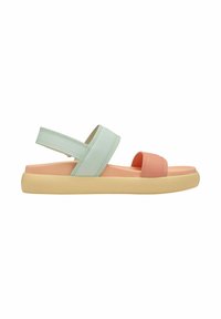 Two-tone sandals featuring a mint green strap over a coral upper, resting on a thick, light beige sole with a smooth texture.