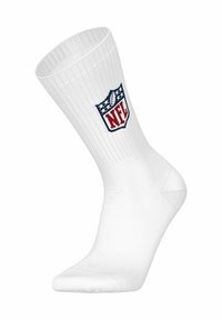 Calzino bianco con bordo a coste, dotato di un logo NFL blu e rosso al centro del lato.