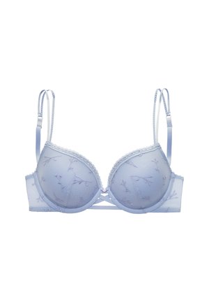 Light blue padded bra with floral embroidery, adjustable double shoulder straps, and lace trim on cups.
