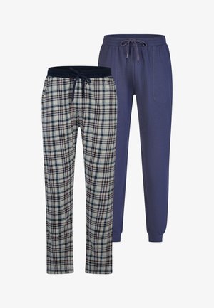 Kaksi paria housuja: toiset ruudulliset sinisiä, punaisia ja vaalean kermanvärisiä, ja toiset tummansinisiä yksivärisiä, molemmissa on joustovyötärö ja kiristysnyöri.