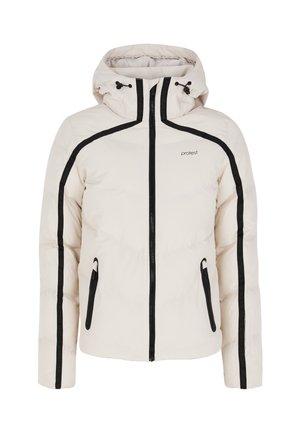 Padded jacket in light beige with black accents, zip closure, and two side pockets. Features a hood and contrasting seams for visual detail.