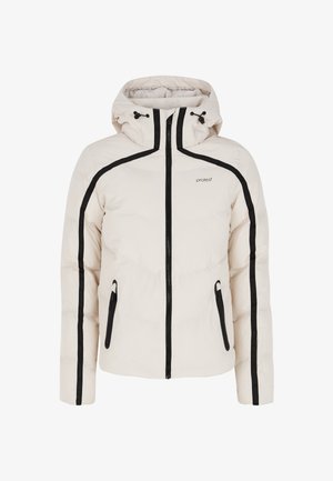 Gevoerde jas in lichtbeige met zwarte accenten, ritssluiting en twee zijzakken. Beschikt over een capuchon en contrasterende naden voor visuele details.