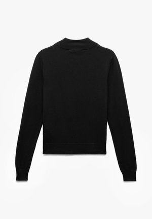 Black long-sleeve sweater with ribbed mock neck, cuffs, and hem, shown from the back on a white background.