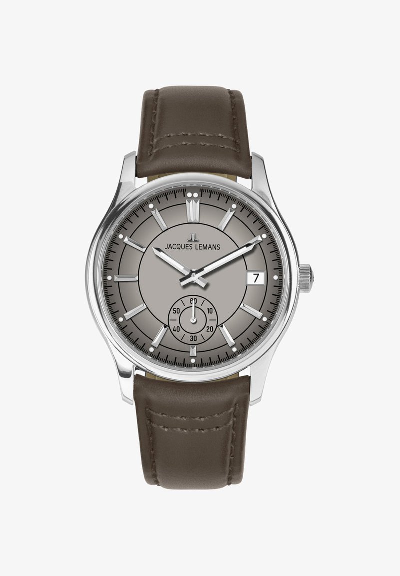 Montre en acier avec cadran gris, aiguilles argentées, affichage de la date et sous-cadran. Bracelet en cuir marron avec coutures décoratives. Design moderne et rond.