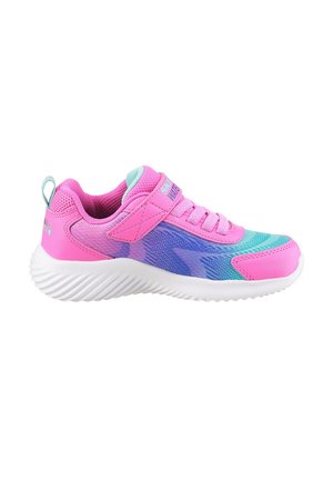Rosa und lila Sportschuh mit einem Obermaterial aus Mesh, kontrastierenden mintgrünen Akzenten, synthetischen Besätzen und einer strukturierten weißen Gummisohle.