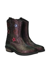 Zwarte cowboylaarzen met een gestructureerde, multikleuren afwerking en sterversieringen in rood en blauw. Lage hak en zichtbare versterkte stiksels.